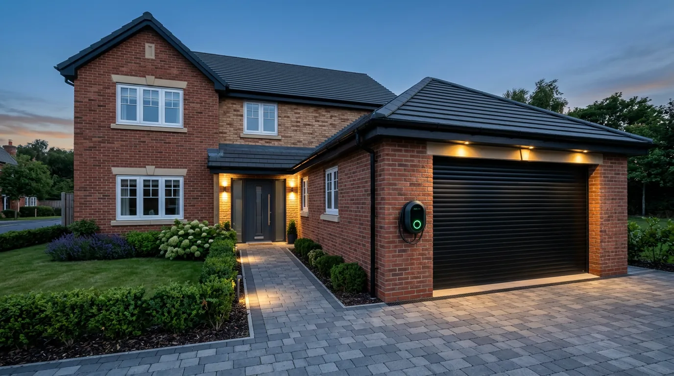 Wall-mounted EV charge point with a glowing green ring beside a garage on a modern brick home at dusk