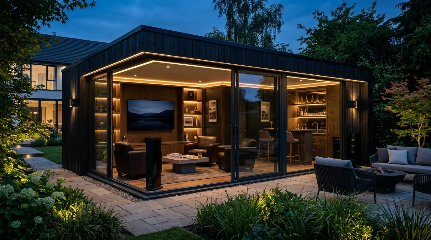 Garden room at dusk with layered LED lighting, illuminated bar shelving and a media wall